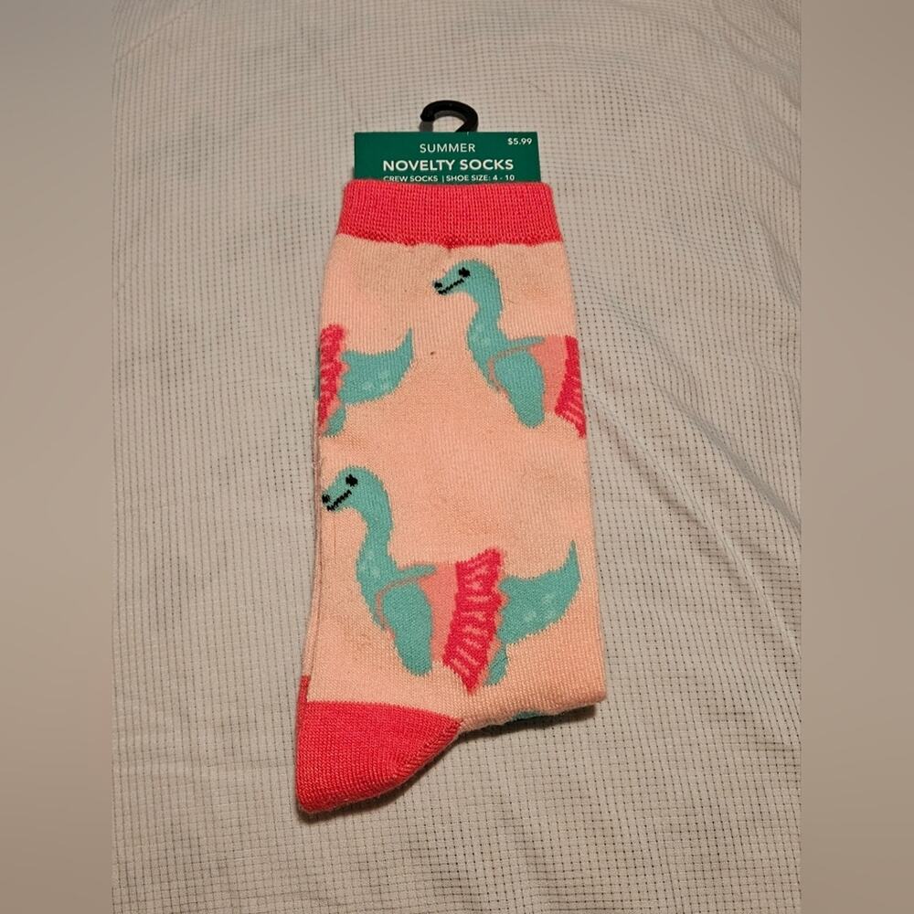 NWT Novelty Socks - Pink with Green Dinosaur Design